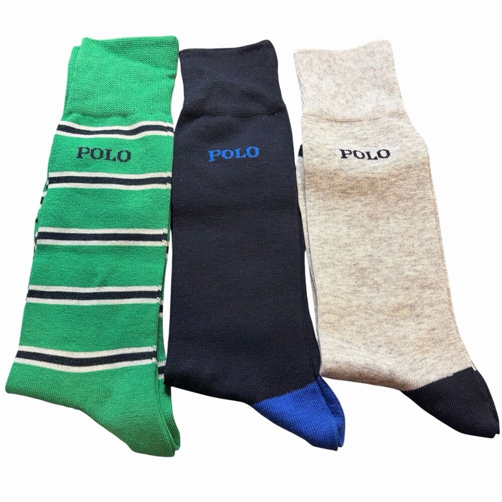 Polo Ralph Lauren Crew Socks Men's Large 3 Pack Green Striped, Gray, Navy Blue